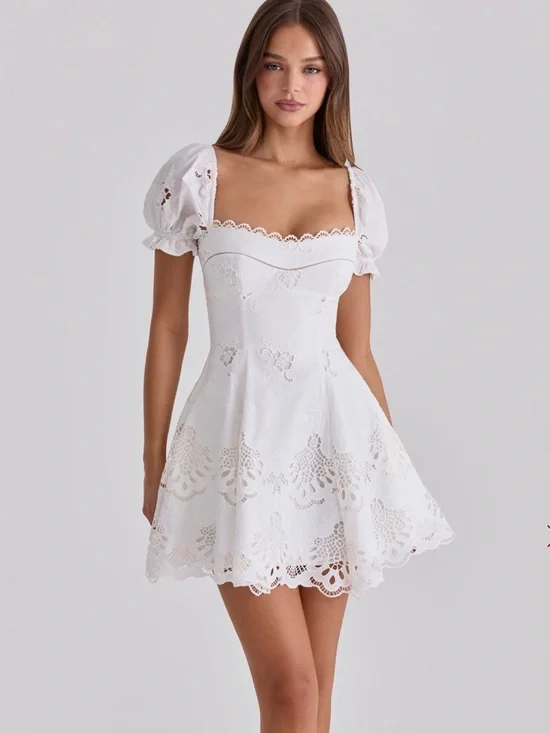 House of CB Lavina White Custom Lace + Cotton Broderie Anglaise Mini Dress - Picture 5 of 14